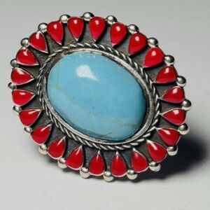Turquoise & Red Coral Solid 925 Sterling Silver Ring 9.5